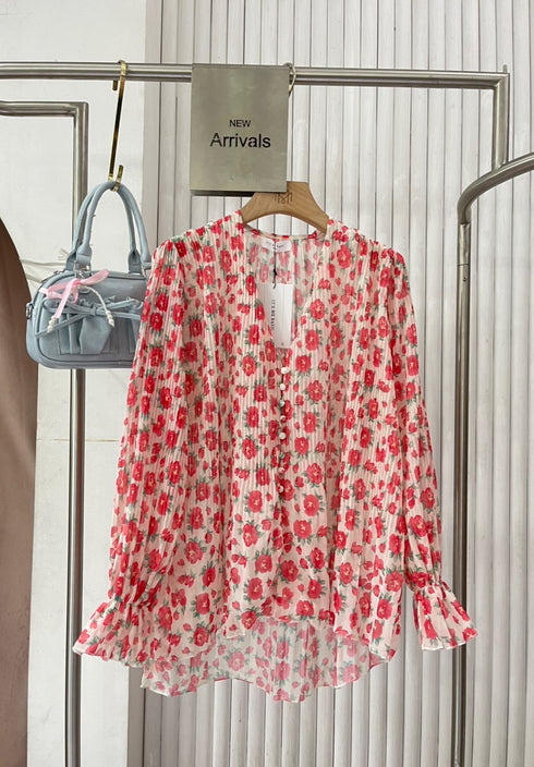 Floral Pleated V-Neck Chiffon Shirts